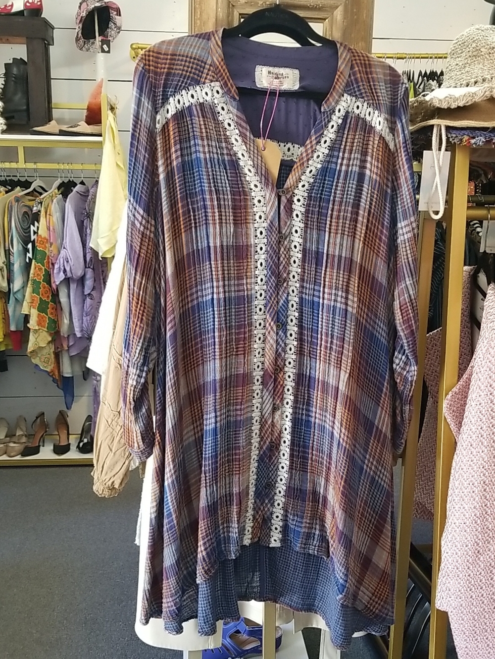 HOLDING HORSES Plaid Dress in Blue and Brown with Lace Trim